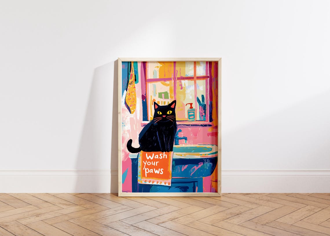 Wash Your Paws Funny Cat Poster, Bathroom Decor - Image 5