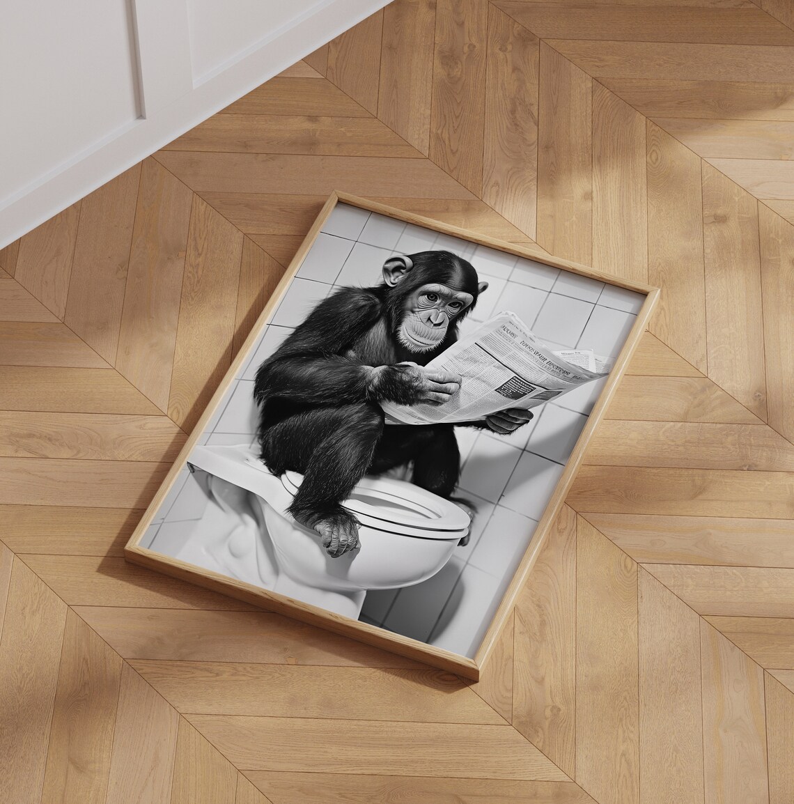 Monkey Sitting On Toilet Reading Newspaper, Funny Art Print - Image 4