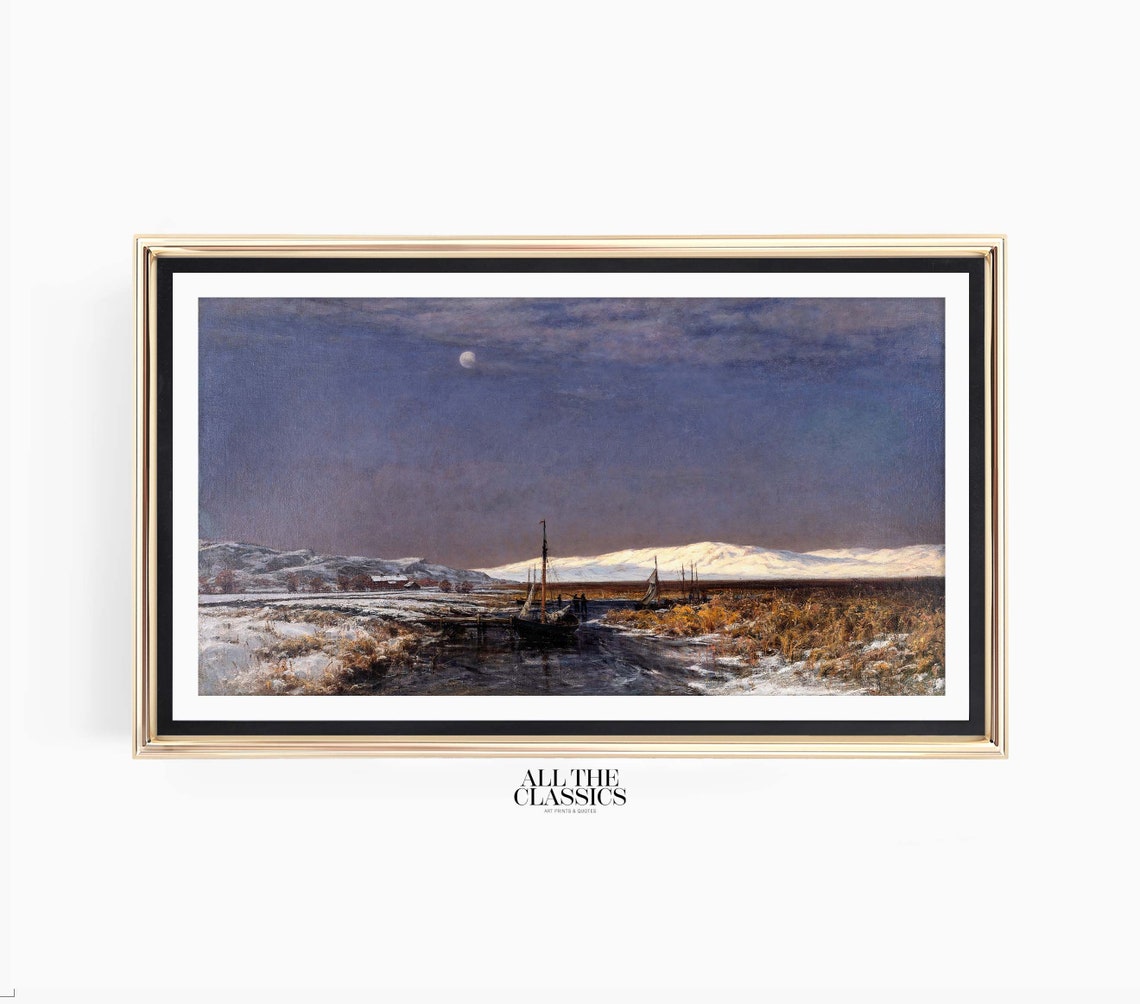 Moonlit November Evening with Boats on a Winter River Poster - Image 3