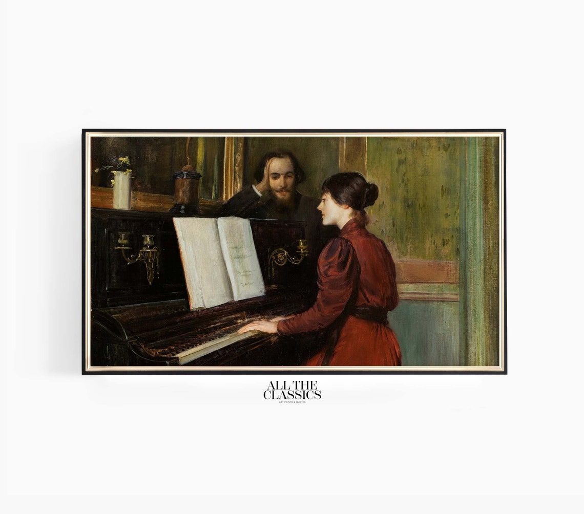 Victorian Woman in Red at the Piano with a Gentleman Vintage Poster