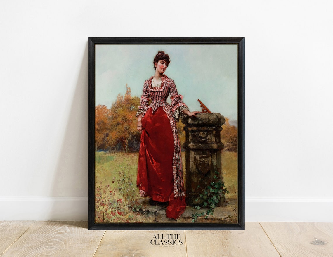 Victorian Lady Red Gown Garden Sundial Classic Portrait Wall Art - Image 3