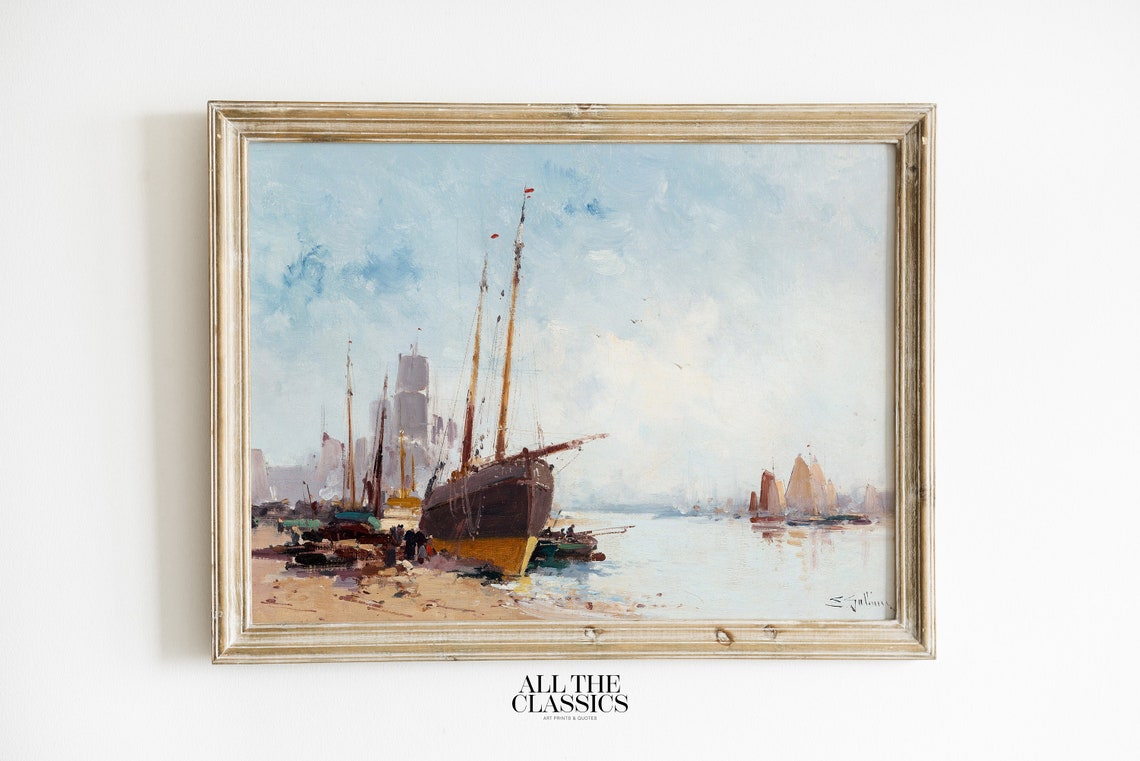 Impressionist Harbor Scene With Tall Sailing Ships Blue Art Poster