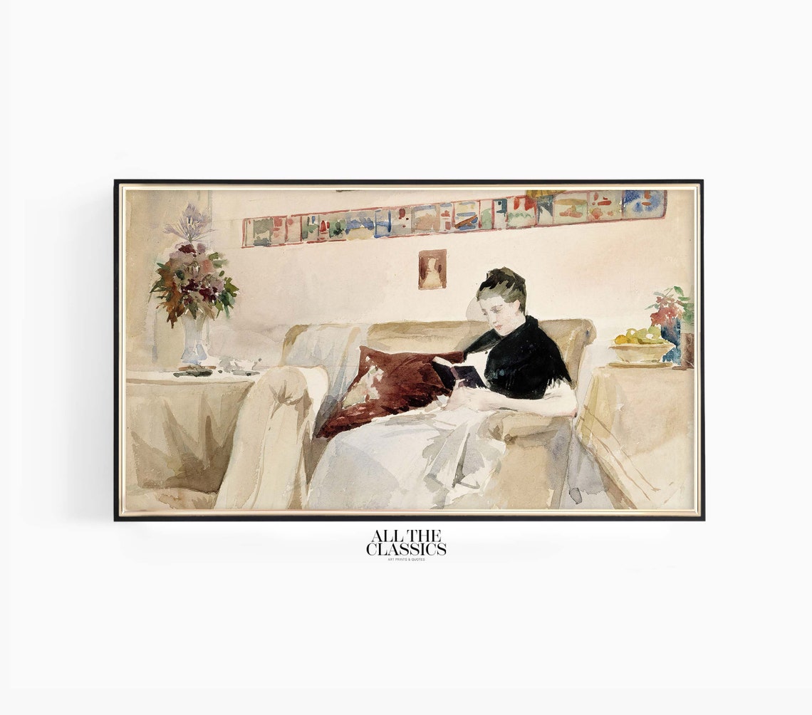 Elegant Woman Reading On Sofa Soft Watercolor Interior Art Poster