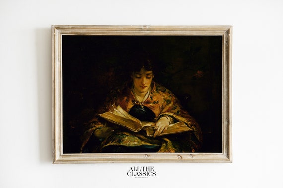 Vintage Art Print Wall Art Dark Academia Moody Female Portrait Woman Reading Among The Old Poets Walter Shirlaw