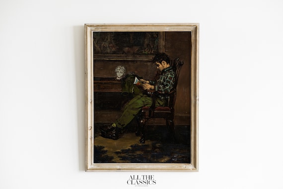 Moody Man Reading Dark Study Vintage Oil Painting Portrait Poster