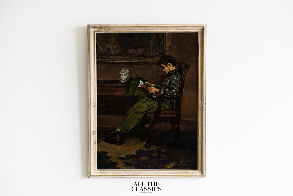 Moody Man Reading Dark Study Vintage Oil Painting Portrait Poster