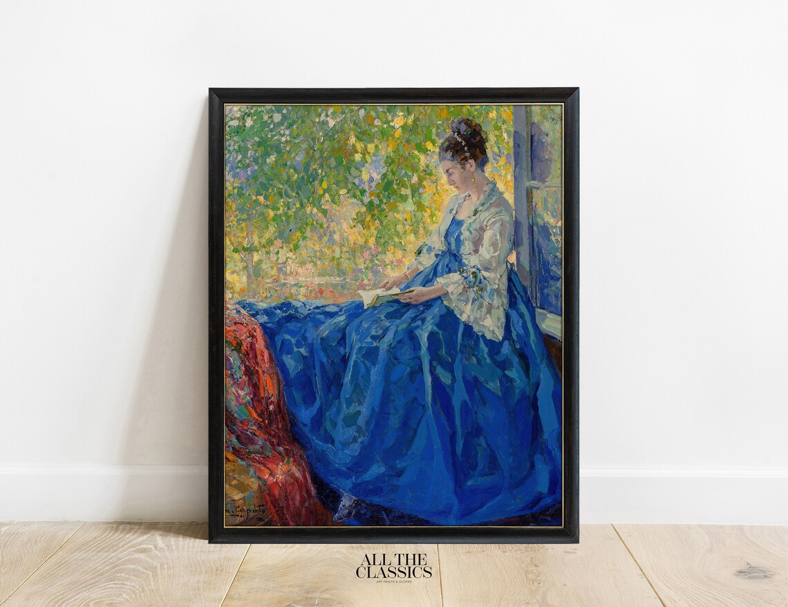 Ulisse Caputo Young Woman Reading At Open Window Blue Dress Poster - Image 3