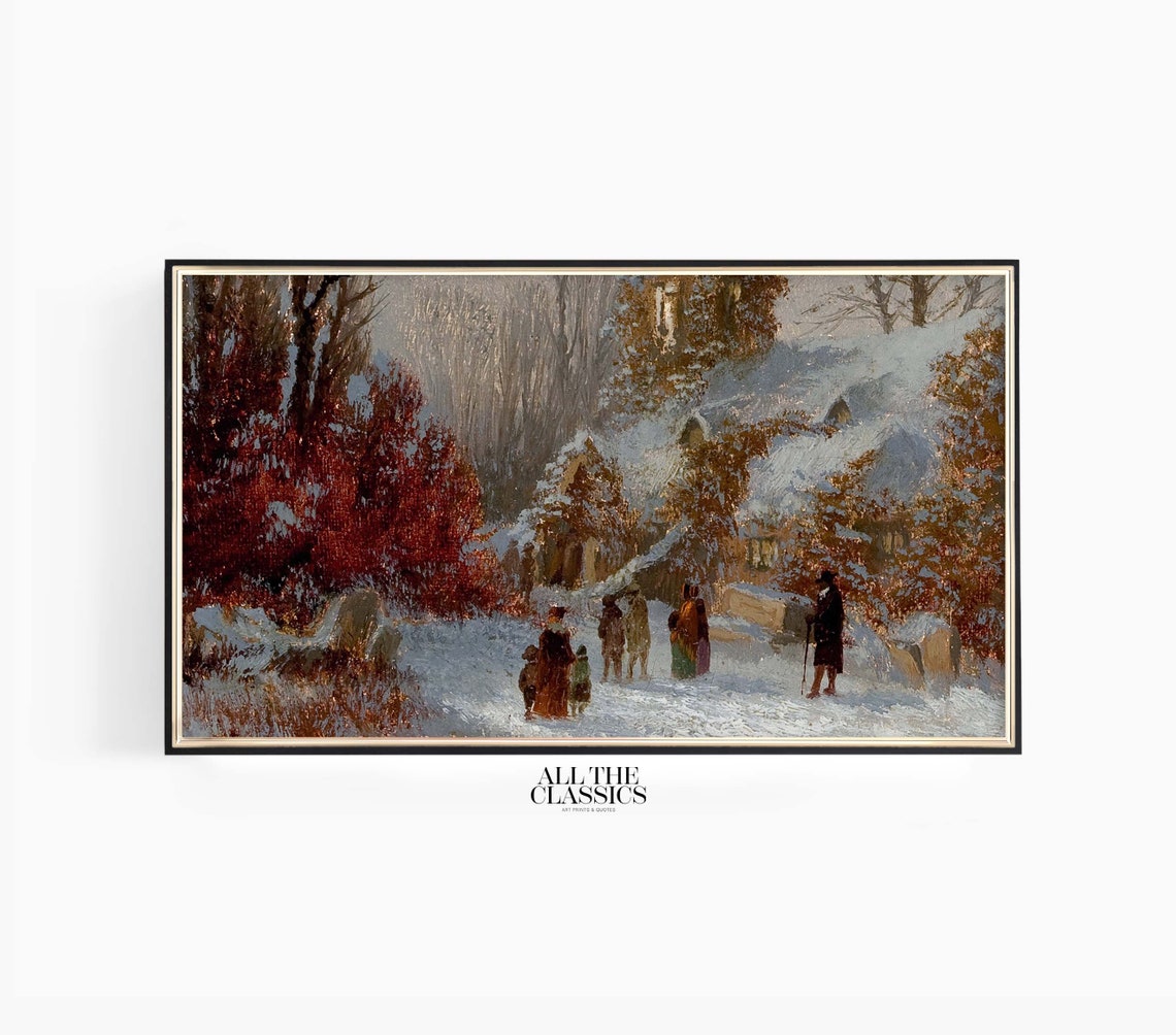 Snowy Christmas Village with Villagers in Falling Snow Poster