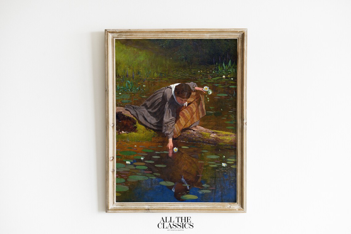 Woman Gathering White Water Lilies Vintage Pond Painting Poster