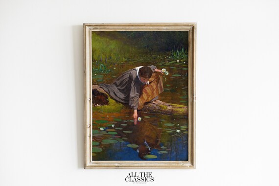 Woman Gathering White Water Lilies Vintage Pond Painting Poster