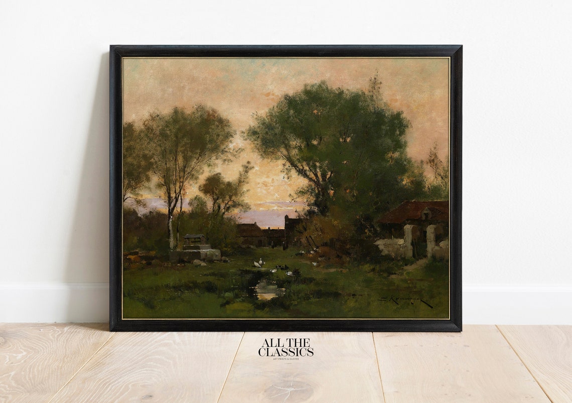Village Houses Sunset Dramatic Sky Vintage Rural Landscape Wall Art - Image 3