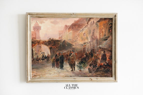 Vintage Art Print Wall Art Winter Village Moody Victorian Holiday Street Scene At Christmas Time Emil Barbarini