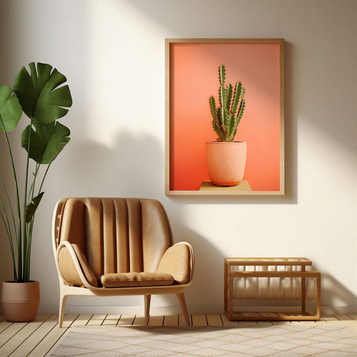 Potted Cactus Against Coral Orange Gradient Background Poster