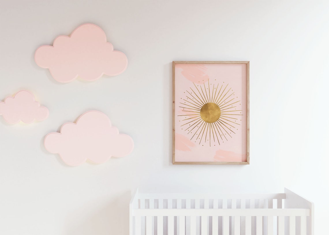 Golden Radiant Sunburst on Pink Nursery Kids Room Cheerful Poster