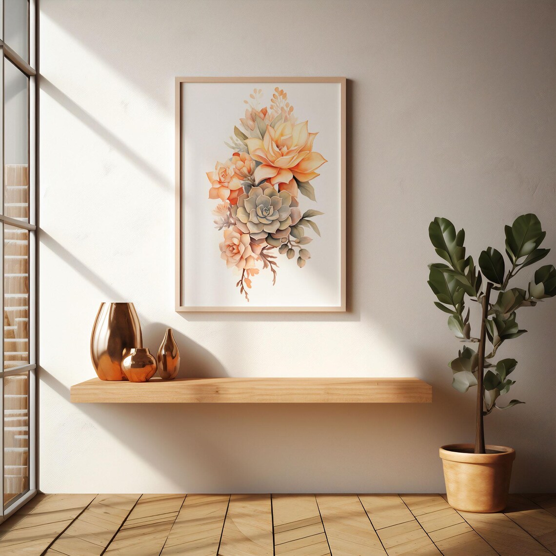 Peach Rose and Succulent Watercolor Bouquet Botanical Wall Art