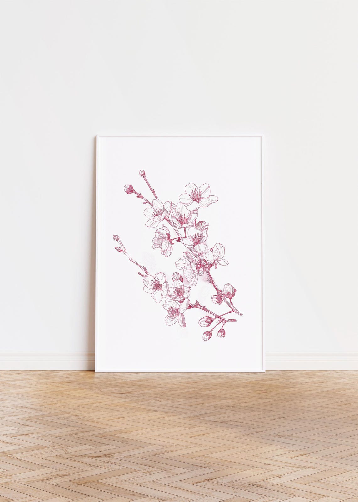 Pink Line Art Cherry Blossom Branch Delicate Floral Wall Art