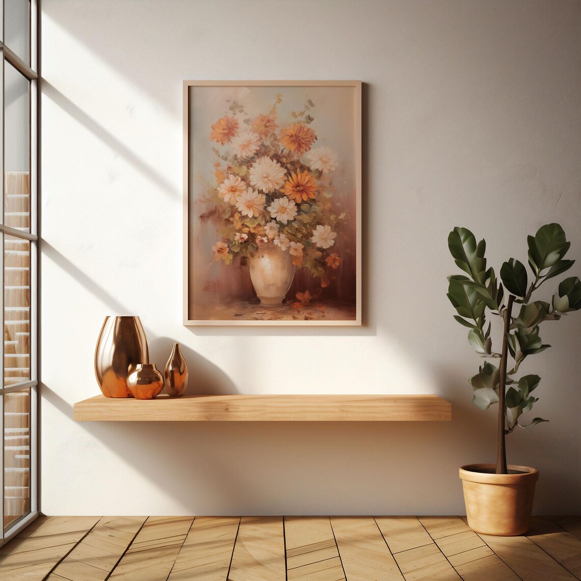 Vintage Orange and Cream Dahlia Bouquet Oil Painting Floral Poster