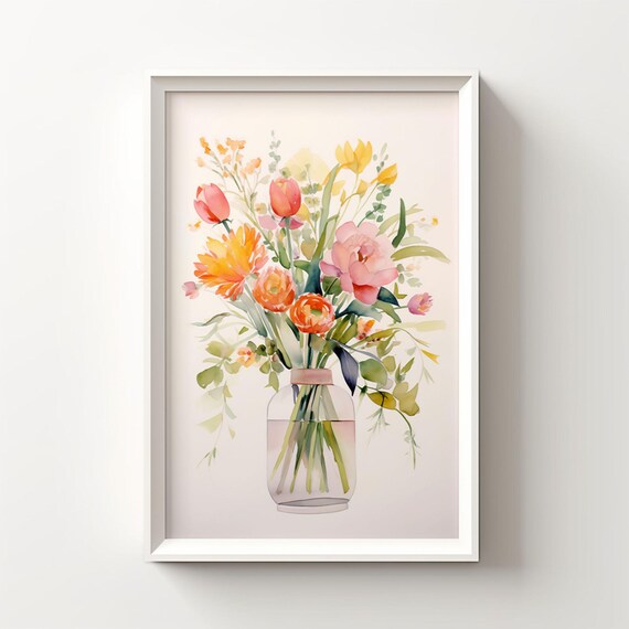 Watercolor Flower Bouquet in Glass Vase Soft Botanical Wall Art