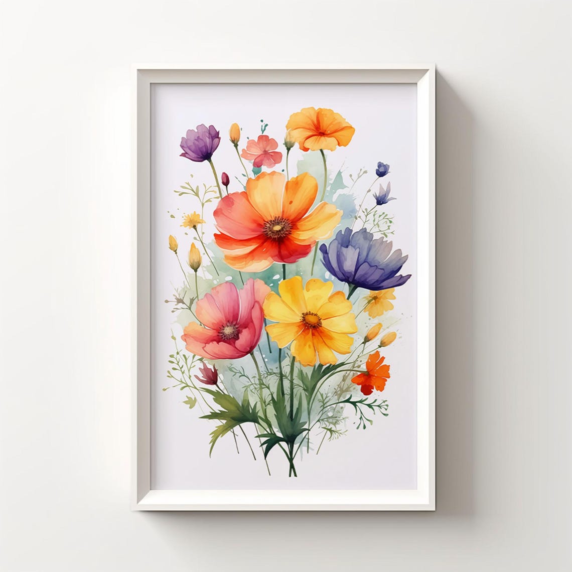 Multicolor Watercolor Cosmos Bouquet Floral Botanical Wall Art