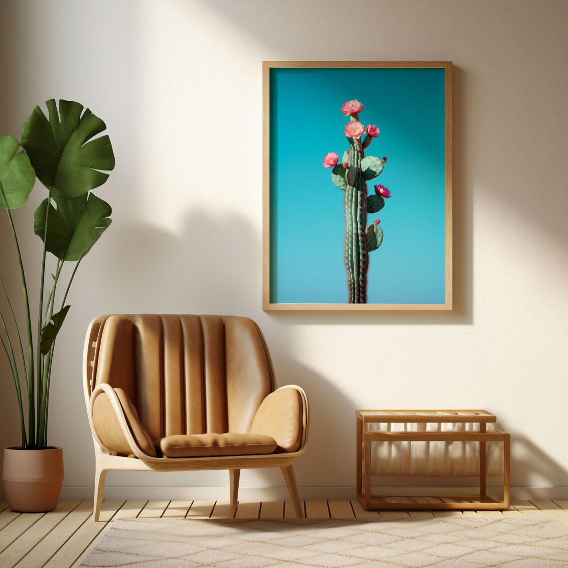 Flowering Cactus With Pink Blooms Against Turquoise Sky Poster