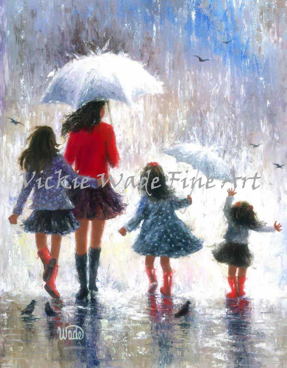 Mother and Three Daughters Sharing an Umbrella in the Rain Poster