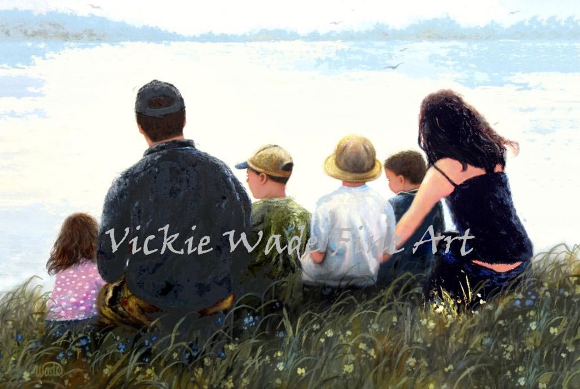 Father Mother Three Sons And Daughter Lake Art Print Three Boys And Girl Four Children Sitting At Lake With Mom And Dad Vickie Wade Art