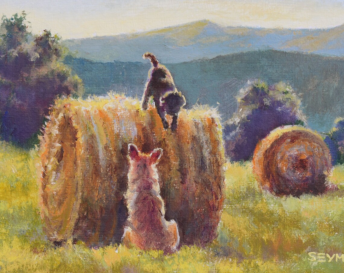 Two Playful Dogs Climbing on Hay Bales at Golden Hour Poster