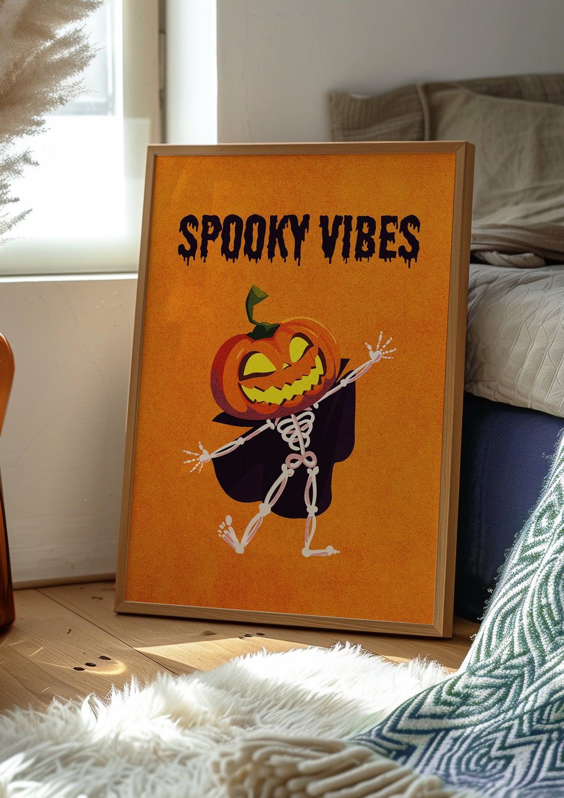 Spooky Vibes Pumpkin Head Skeleton Dance Black Cape Halloween Poster - Image 2