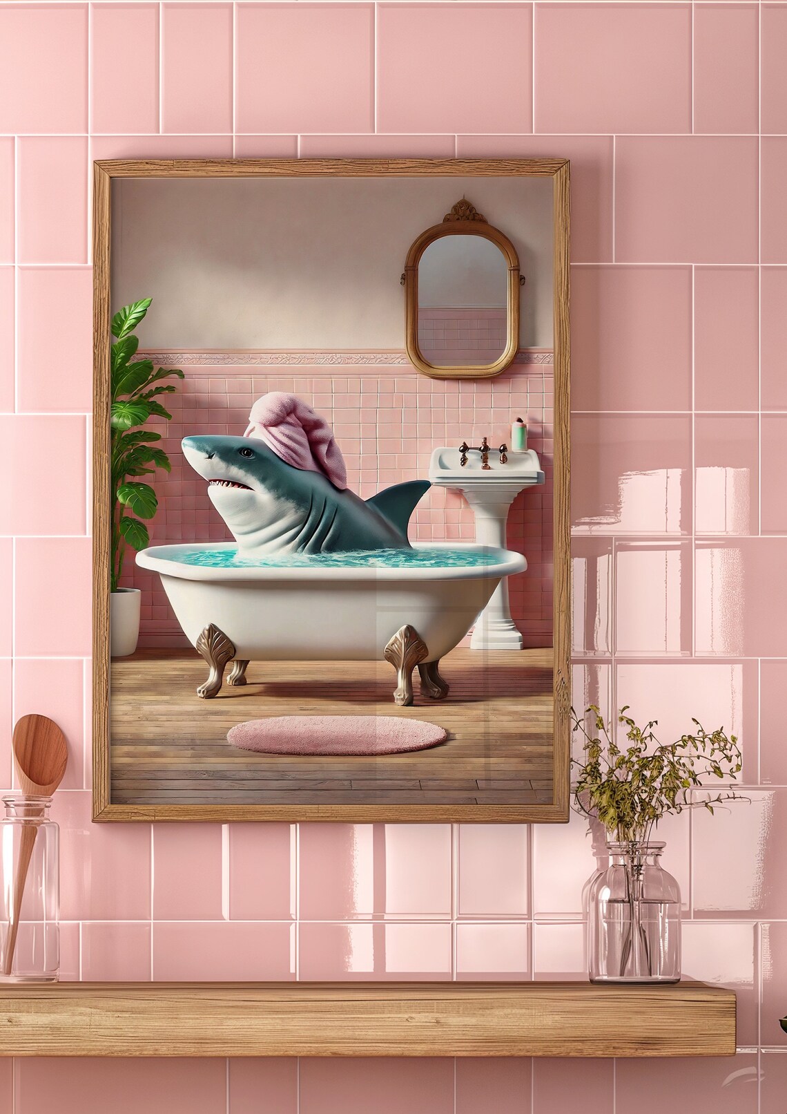 Shark in Bathtub Towel Turban Pink Bathroom Funny Animal Poster - Image 4