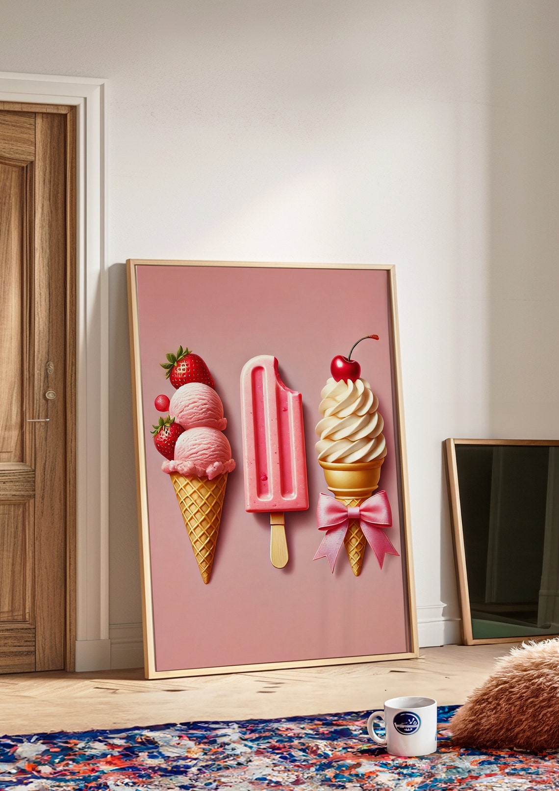Pink Strawberry Ice Cream Trio Cute Summer Sweet Dessert Poster - Image 3