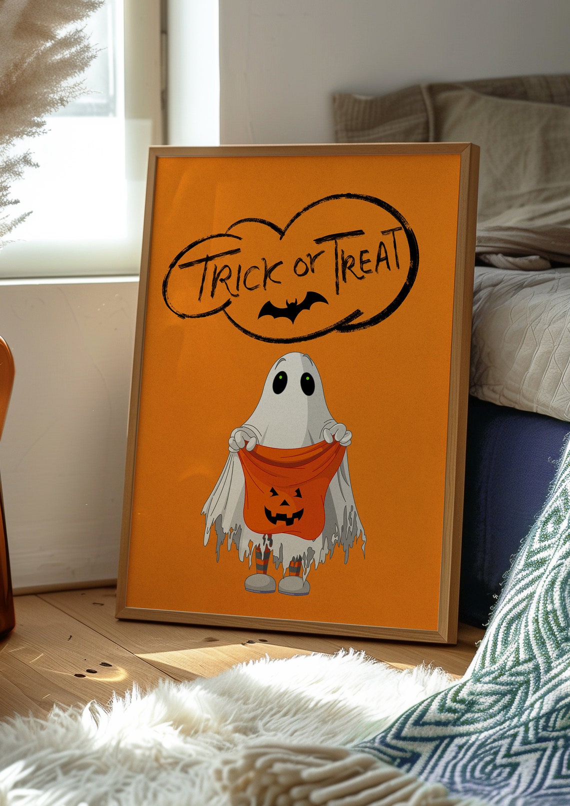 Cute Ghost Trick or Treat Pumpkin Candy Bag Orange Halloween Poster - Image 2