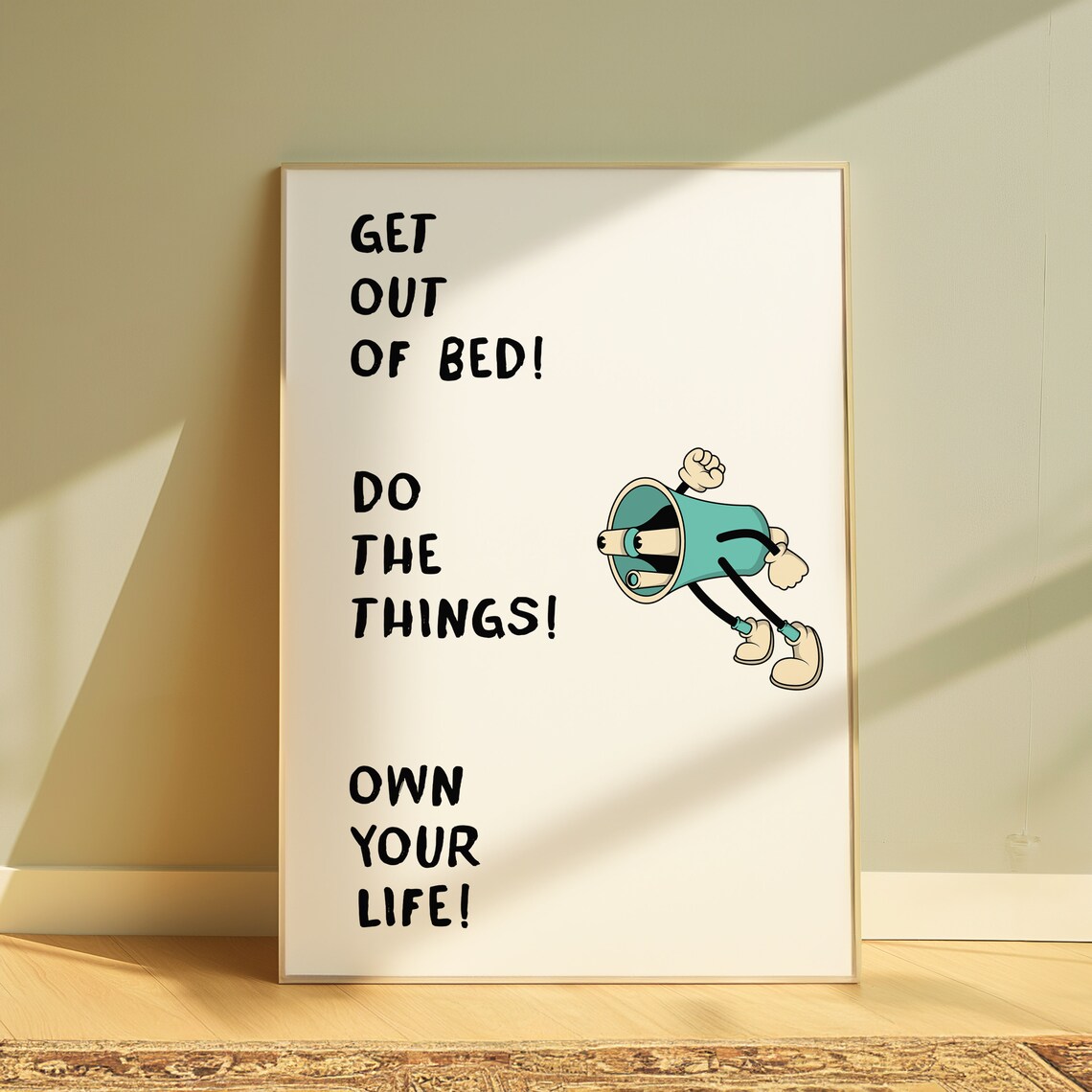 Get Out of Bed Megaphone Cartoon Funny Motivational Quote Poster - Image 4