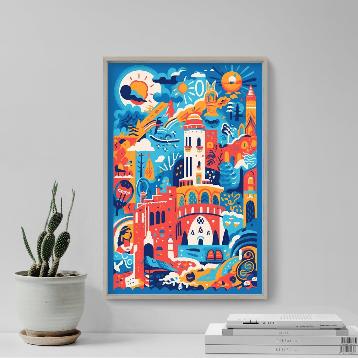 Whimsical Italian Cityscape With Suns Colorful Illustration Poster