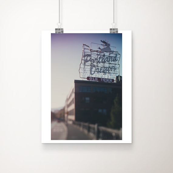 Portland Oregon White Stag Old Town Neon Sign Photo Art Poster