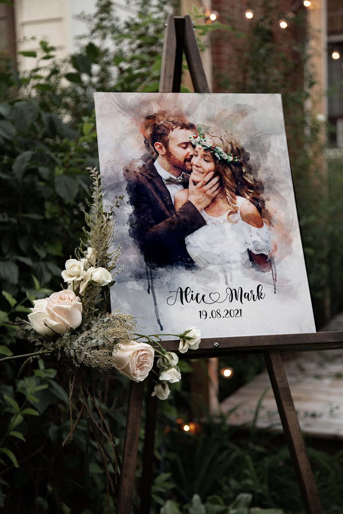 Wedding Couple Watercolour Portrait Mr Mrs Jacksons Date Poster - Image 4
