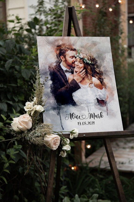 Personalised Wedding Entrance Sign Wedding Guest Book Alternative Wedding Venue Art Couple Portrait Painting From Wedding Decor Photo