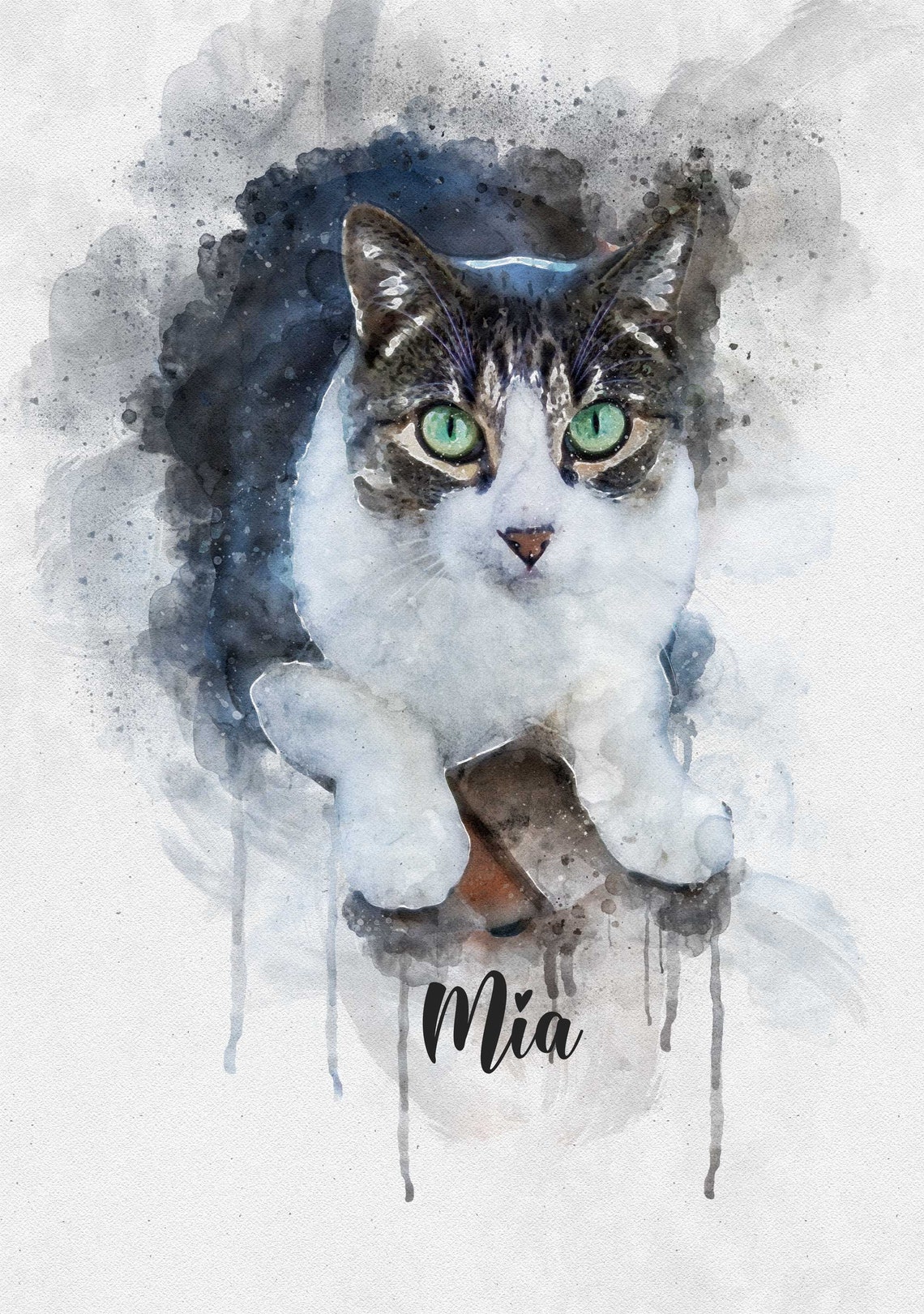 Watercolor Tabby Cat Portrait Green Eyes Personalized Name Poster