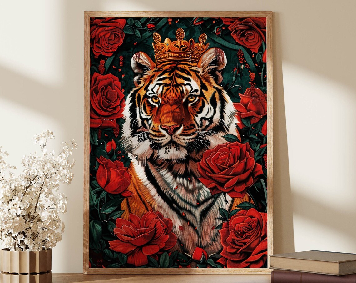 Tiger Floral Print, Maximalist Eclectic Wall Art