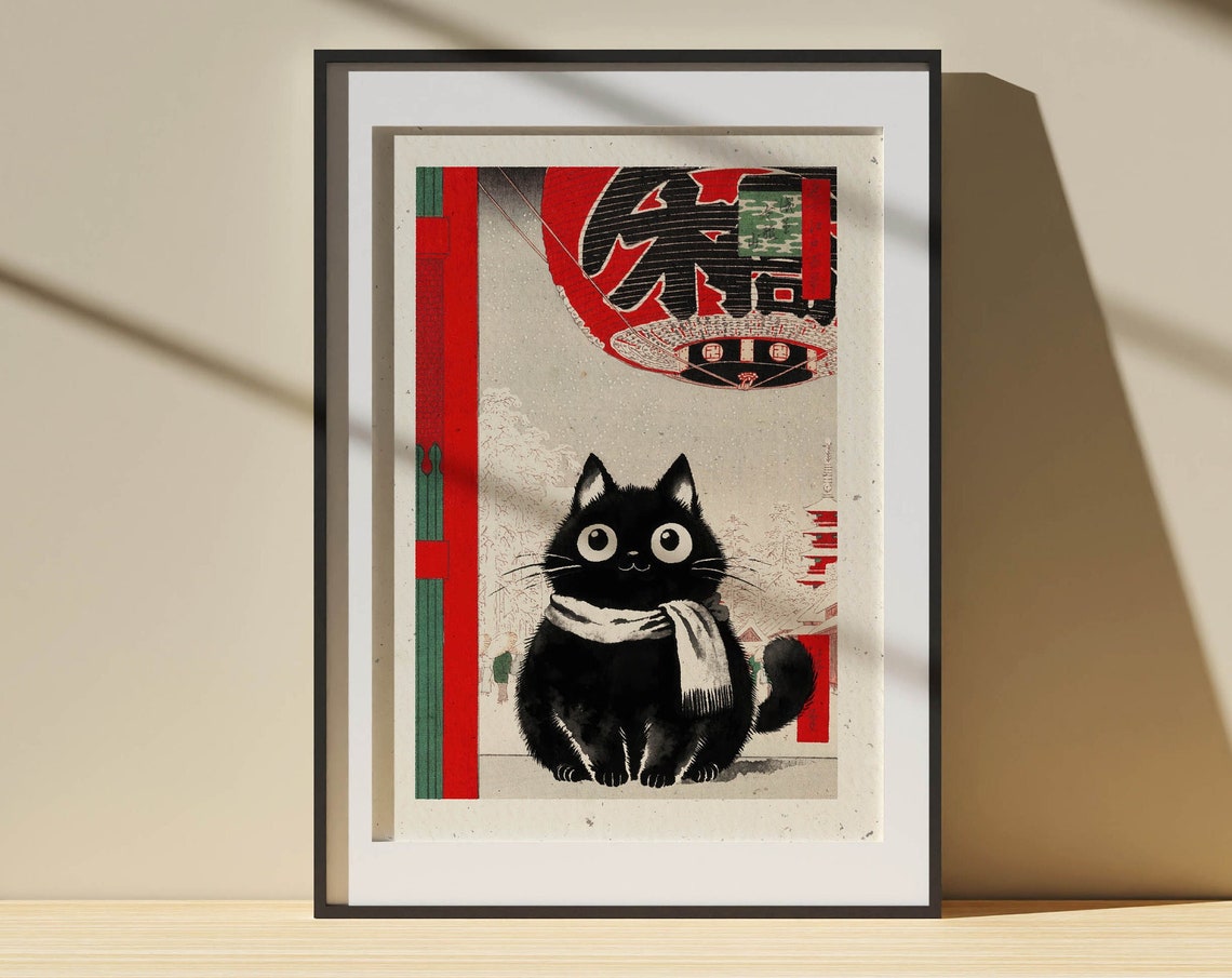 Cute Black Cat Japanese Ukiyo-e Style Winter Temple Lantern Red Poster - Image 3