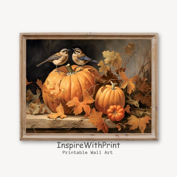 Sparrows And Pumpkin Art Rustic Fall Wall Pumpkins Print Vintage Autumn Decor Birds Sparrow