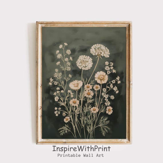 Boho Floral Emerald Green Wall Art Moody Wildflowers Print Vintage Style Flower Neutral Botanical Decor