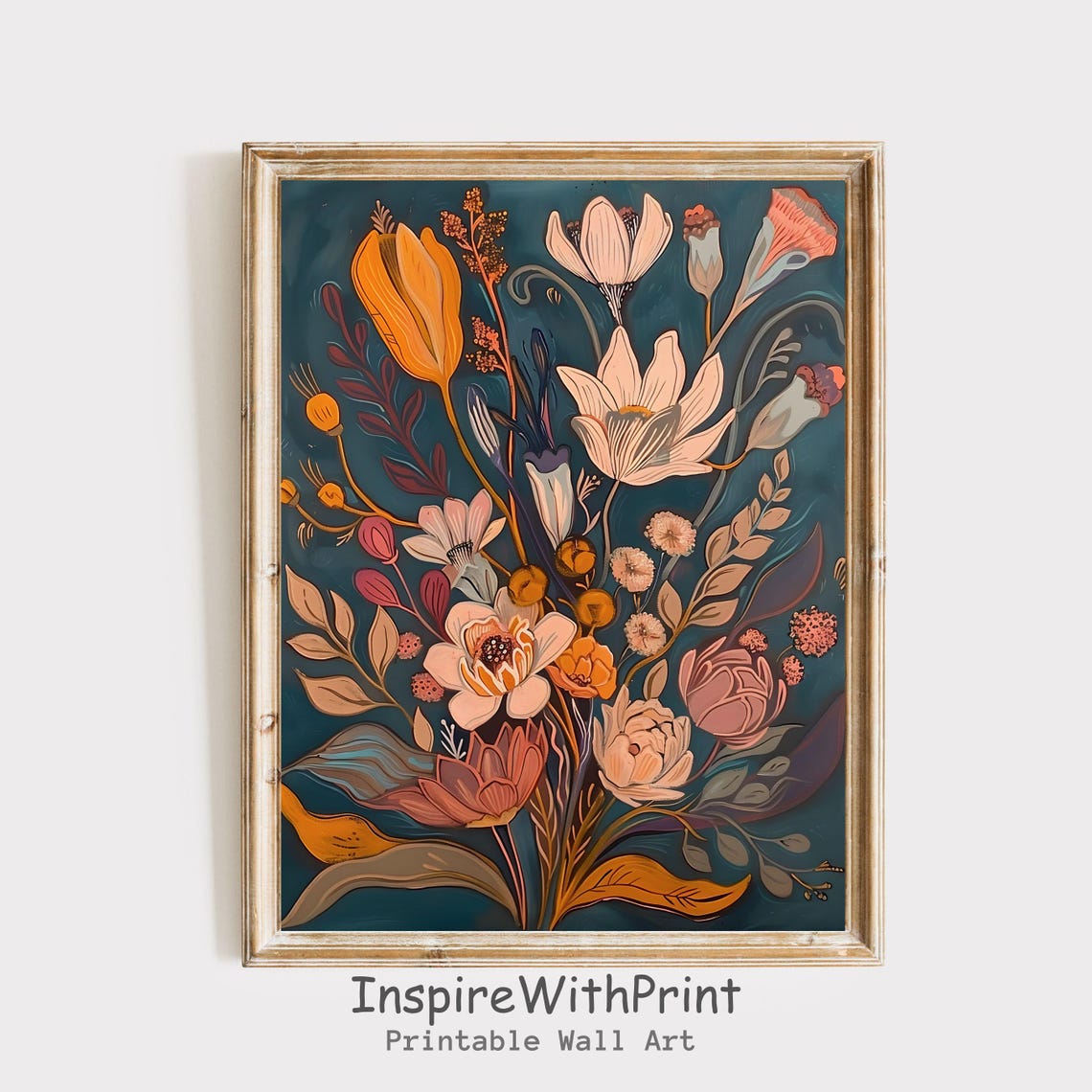 Midcentury Modern Wildflower Bouquet Teal Botanical Art Poster