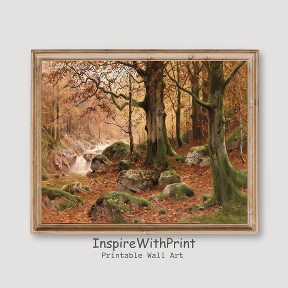 Moody Autumn Forest Waterfall Stream Mossy Rocks Painting Poster