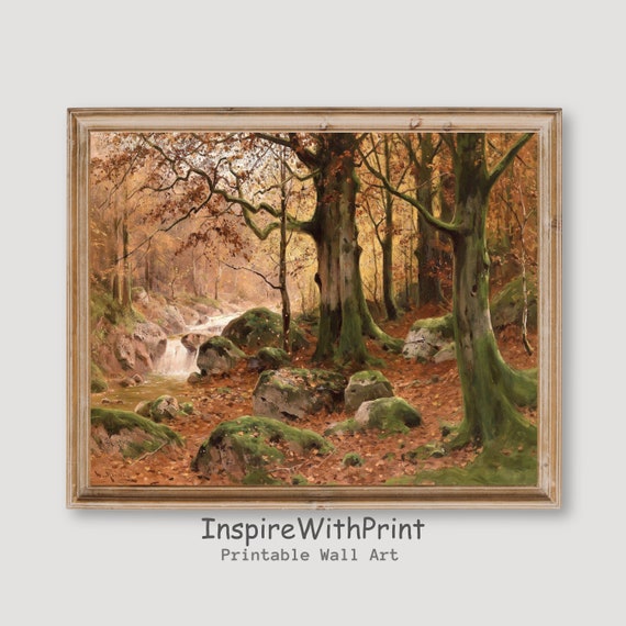 Moody Autumn Landscape Print Fall Trees Wall Art Vintage Scenery Nature Painting Decor