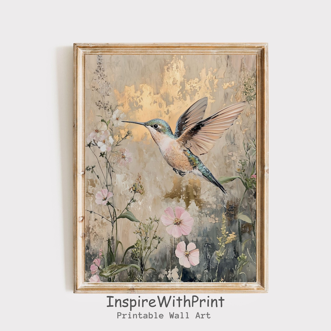 Neutral Vintage Hummingbird With Wildflowers in Gold Tones Poster