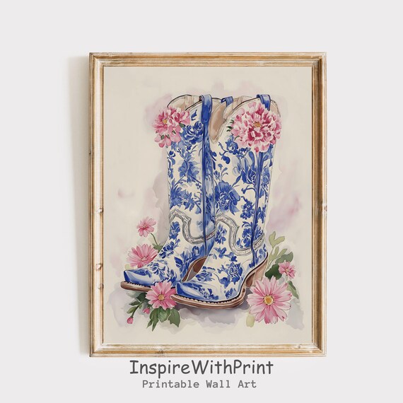 Coastal Cowgirl Blue Boot Wall Art Preppy Pink Rose Floral Nursery Chinoiserie Western Print Coquette Apartment Dorm Room