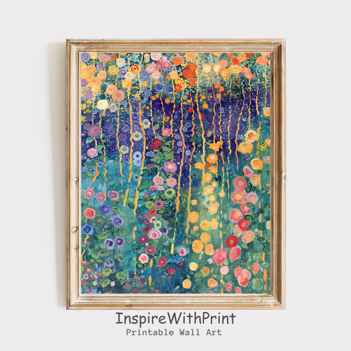 Colorful Abstract Spring Flower Garden With Golden Vines Poster