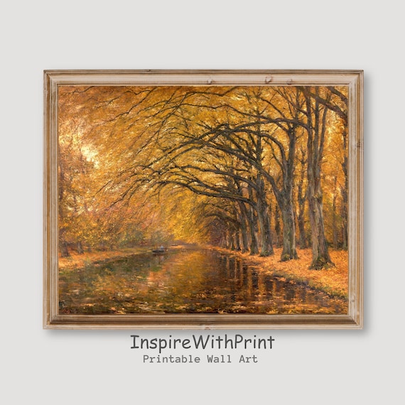 Vintage Autumn River Canopy Oil Painting Poster Golden Tree Reflections