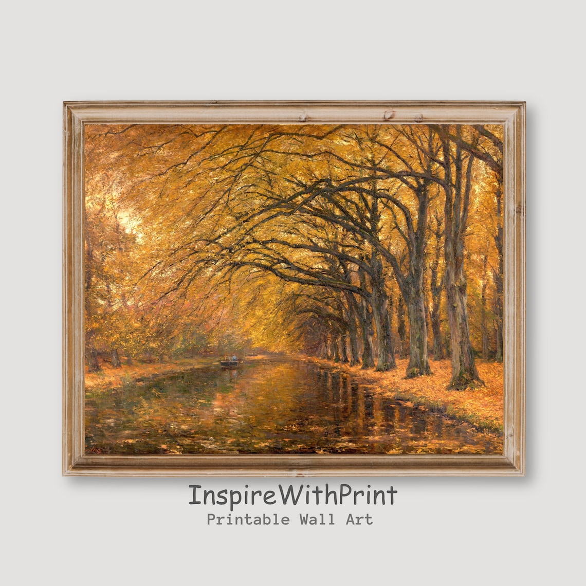 Vintage Autumn River Canopy Oil Painting Poster Golden Tree Reflections