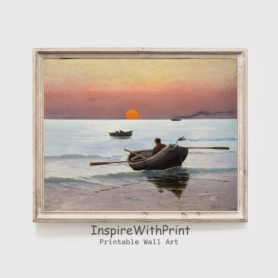 Vintage Sunset Fisherman in Rowboat Seascape Painting Art Poster